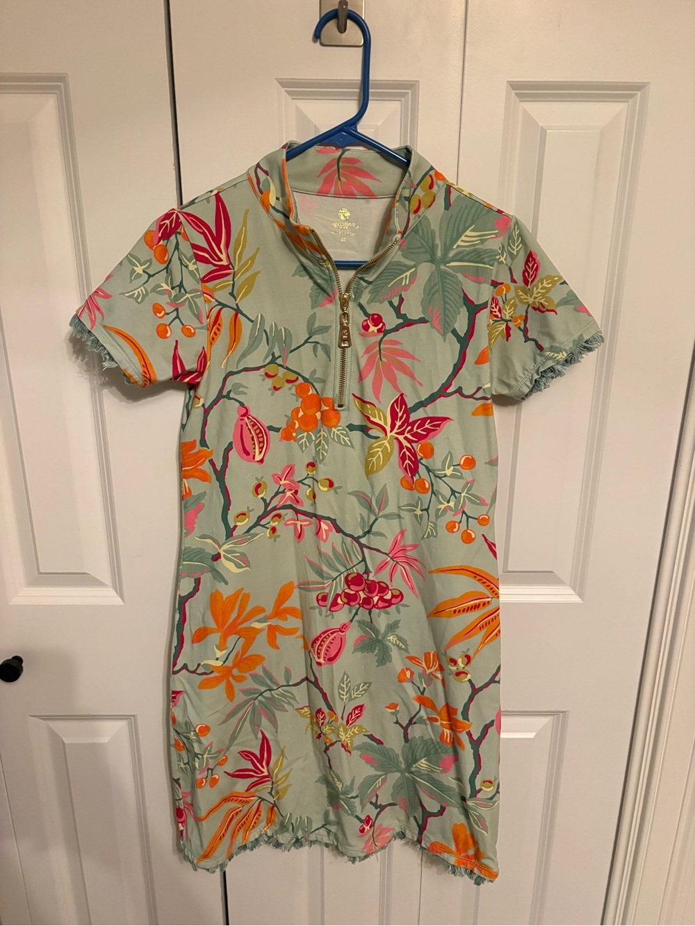 Spartina 449 Sage Green Tropical Print Zip-Front Fringe Mini Dress